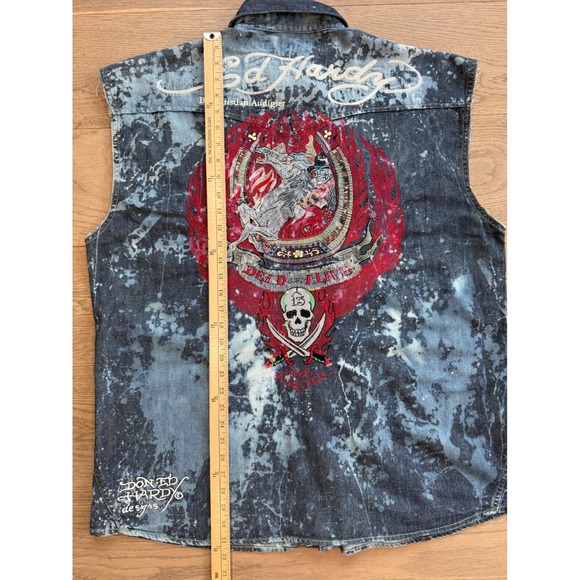 Ed Hardy Mens XXXL Acid Wash Denim Sleeveless Shirt Dead or Alive Skull Blue - Picture 4 of 11